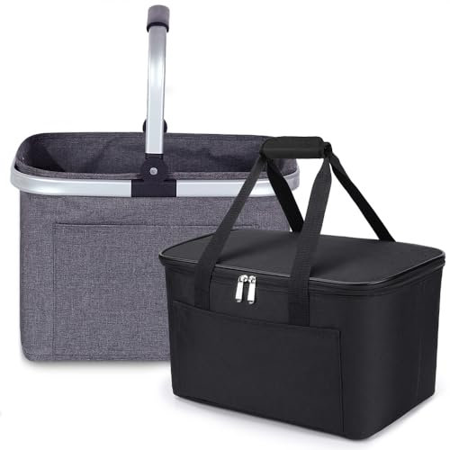 Pynhoklm 30L Klassischer Einkaufsset 2tlg Bestehend aus Einkaufskorb und Kühltasche Einkaufskorb mit Alu-Griff Faltbare Einkaufstasche mit Isolierung für Arbeit/Einkaufen