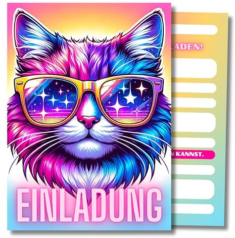 HIDEBLOOM Katze Einladungskarten Kindergeburtstag Mädchen I 12 Stück I DIN A6 (10,5 cm x 14,8 cm) I Katzen Einladung Geburtstag I Kinderparty I Einladungskarte Katze
