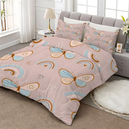 Bettdecke 135x200 Regenbogen Ganzjahresdecke - Schmetterling Bettdecke Ohne Bezug Waschbar - 4 Jahreszeiten Bettdecken 135 x 200 mit Mond Muster - Wende-Design Steppdecke Schlafdecke AB-719