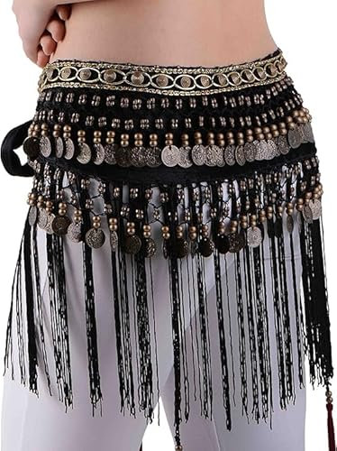 MUNAFIE Damen Samt Tribe Style Bauchtanz Hüfttuch mit Münzen Bauchtanz Kostüm Damen Bauchtanz Gürtel Fransen Rock Schwarz