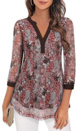 Flikity Blouses for Women UK,Office Tops for Women UK 3/4 Sleeve Ladies Tops and Blouses Work Attire Professional Career Outfits Spring Fall Tunics Tops Loose Fit No Iron Long Shirts Khaki Floral XL