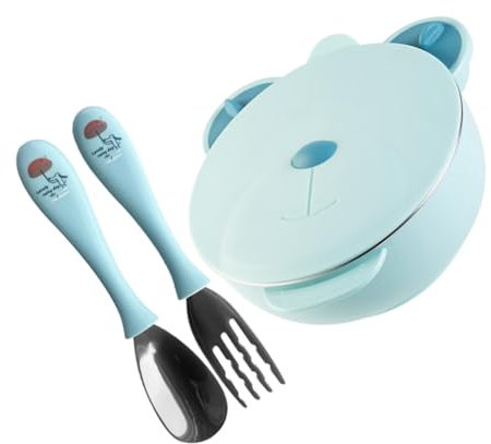 WATIIFUFU 1ensemble Set De Pour Garçon Fille Acier Inoxydable Avec Compartiments Et Absorption Assiette Cartoon Pour Alimentation Infantile Bleu Avec Couverts