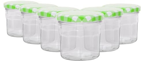 Argon Tableware Glass Jam Jars with Airtight Green Gingham Lids - 130ml - Pack of 6 - Empty Screw Top Kitchen Storage Jar for Food, Honey, Spice, Pickling, Preserving, Candle Making
