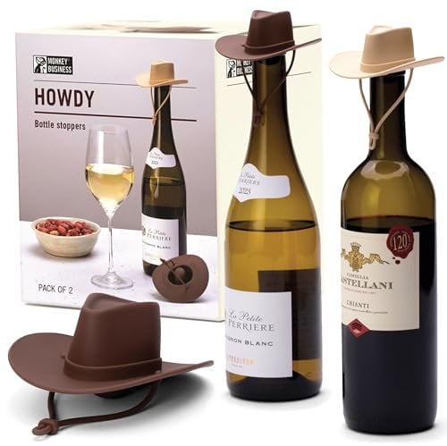Monkey Business Howdy - Paquete de 2 tapones de vino con sombrero de vaquero, divertidos tapones de silicona para botellas que mantienen el vino fresco, accesorios de cocina novedosos y bonitos