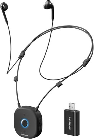 Holdsound Cuffie senza fili per TV – Cuffie per TV con trasmettitore USB (ottico, 3,5 mm), regolazione del volume L/R, facile configurazione per anziani, 30 m, 15 ore (nero)