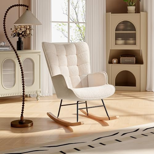 BPKADHY Schaukelstuhl Schaukelsessel,Teddystoff Sessel Wohnzimmer,Gepolsterter Stillsessel Relaxstuhl Sessel Zum Stillen,Schwingsessel mit Holzkufen für Schlafzimmer Balkon Kinderzimmer,Beige