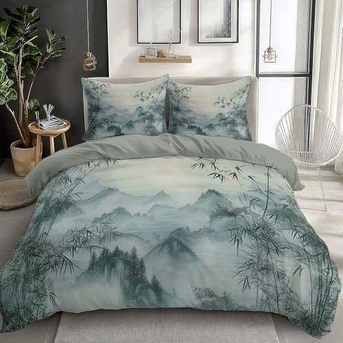 Juego de Funda Nórdica Reversible de Microfibra para Cama 105 con Estampado de Pintura De Paisaje De Tinta Oriental. - Funda Edredón 200 x 200 cm y 2 Fundas de Almohada 50x75 cm, Verde Grisáceo