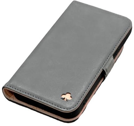 PORTER RILEY - Leather Case for iPhone 13 (6.1). Premium Genuine Leather Stand/Cover/Wallet/Flip Case with [Card Slots] [Horizontal Stand] [Durable Frame] (Grey/Pink)