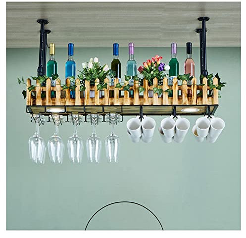 WZWTYSM Dekoratives Deckenregal zum Aufhängen, Weinregal mit LED-Beleuchtung, passend für die meisten Weingläser, Blumentopf, Buchständer, Weinglashalter, 100 x 25 x 21 cm