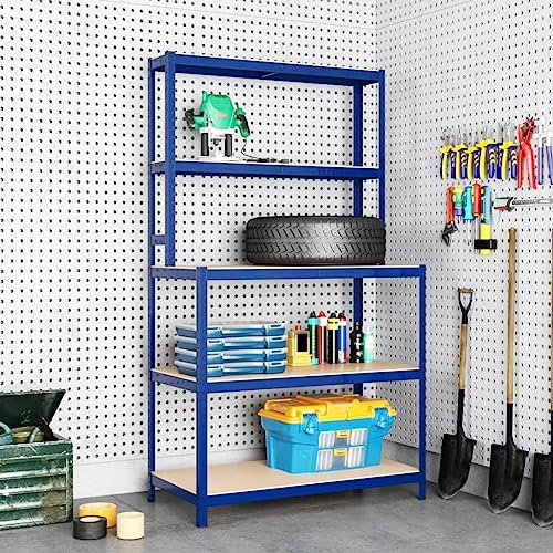 Moderner Arbeitstisch aus Stahl und Holz, 5-lagig, mit Ablagen, für Haus und Garten, Blau
