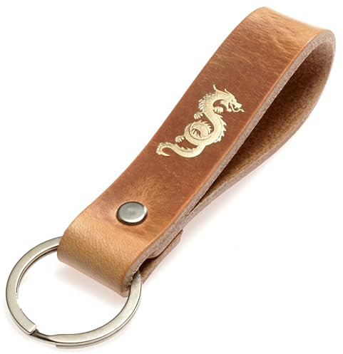 ELBERCRAFT® Schlüsselanhänger Leder DRACHE der Schlüssel Organizer für deine Schlüsseltasche keychain made in Germany braun Gravur gold