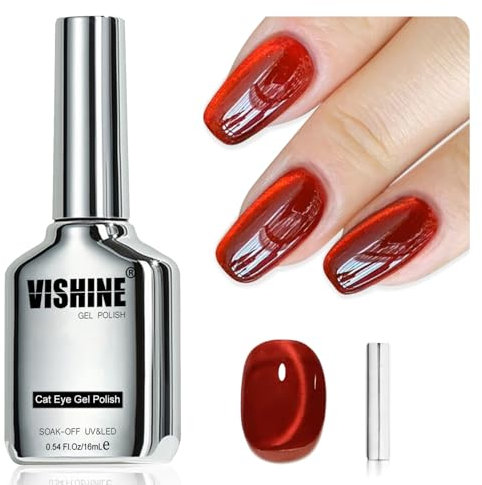 Vishine Esmalte en Gel Cat Eye Efecto Vidrio 16 ml, Rojo Rubí Translúcido con Purpurina Holográfica, Reflectante y con Imán #418