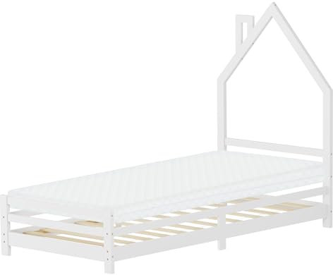 ML-Design Kinderbett Haus 90x200 cm Weiß mit Matratze H:10cm, Hausbett für Kinder, Holzbett mit Lattenrost, Schornstein Design, Jugendbett aus massivem Kiefernholz, Bettgestell für Jungen und Mädchen