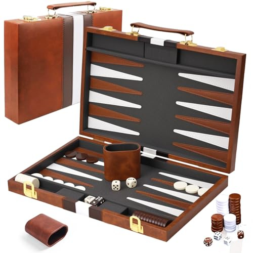 YUJUVI Backgammon Set Koffer für 2 Spieler Klassisches 15 Zoll Brettspiel mit Hochwertiger Ledertasche Tragbares und Reise Backgammon-Set (15 Zoll, Braun)