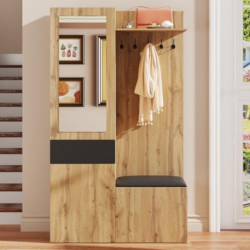 Oslghy Garderobenset Wandgarderobe, Garderoben Set mit Spiegel und Schuhschrank, Garderobenständer mit 5 Kleiderhaken und Oberen Regalen, Flurgarderobe Set mit Schuhbank und Sitzkissen (Natural)