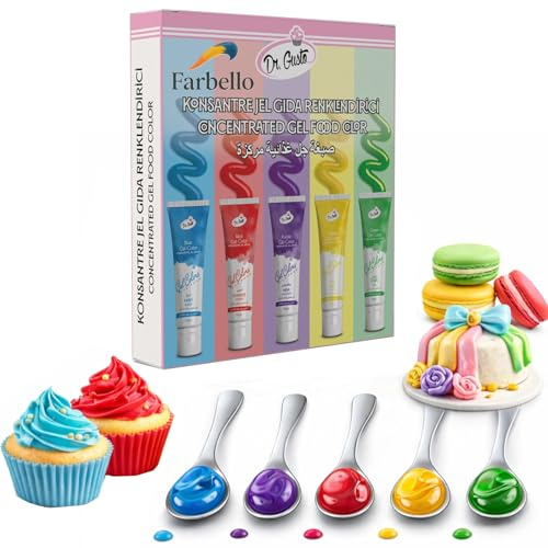 Farbello Gel Lebensmittelfarbe Set – 5 Farben je 50 ml, Hochpigmentiert & Konzentriert – Für Kuchen, Buttercreme, Fondant, Cremes & Gebäck – Glutenfrei