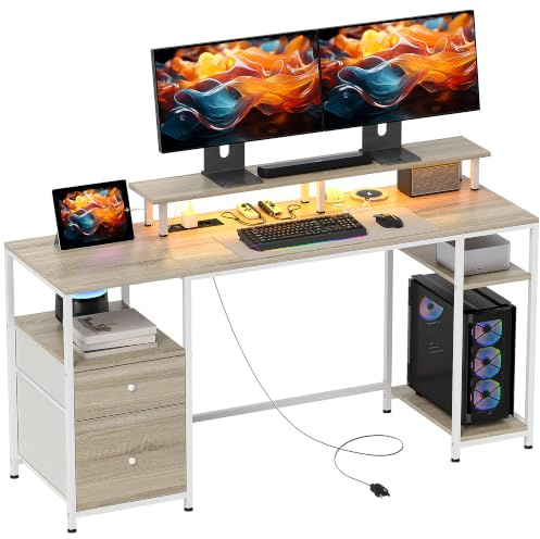 HOMCOM Bureau d'ordinateur LED, Rangement 155,5 x 48 cm Effet Bois Naturel | 2 Prises, Ports USB, Tiroirs, Étagères, Support de Moniteur, Table Informatique pour Étudier