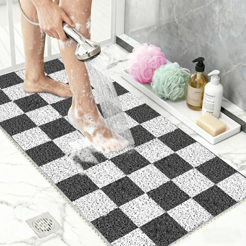 Tapis Douche Antidérapant PVC Luffa 40x80 cm avec Drain Tapis de Salle de Bain Anti Moisissure Tapis de Douche Absorbant Séchage Ultra Rapide à Carreaux Noir et Blanc