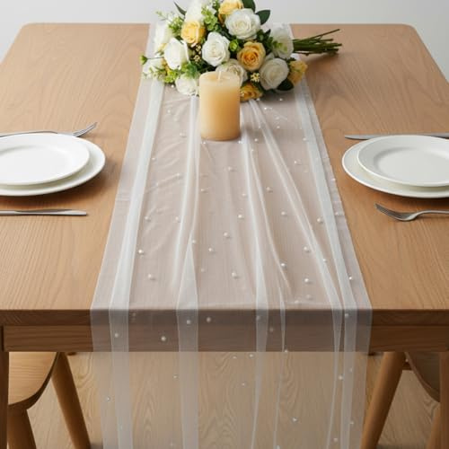 Cobee Mode Weiß Tüll mit Perlen 75 x 300cm Tischläufer Perlenspitze | Tischdecke Weiß Spitzen Tüllstoff Netz Tischband für Tischdekoration Hochzeit Geburtstag Party Dekor