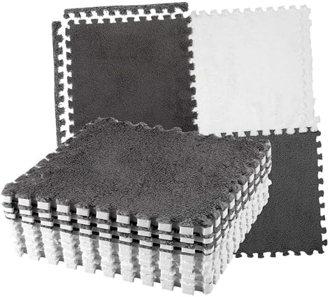 BAFOVY Ineinandergreifende Bodenmatte aus Plüschschaum, Weiche und rutschfeste Farbblock-Puzzlematte 30 X 30 cm für Babysicherheit Im Schlafzimmer und Wohnzimmer (Grau weiß)
