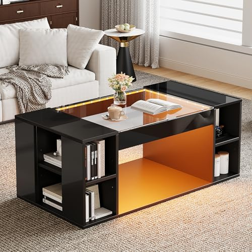 BTM Table Basse de Salon 100 x 50 x 40 cm, d'appoint Centrale ajourée, à thé avec Plateau en Verre trempé, d'appoint LED laquée Brillante, pour réception de Noël, Noire, MDF