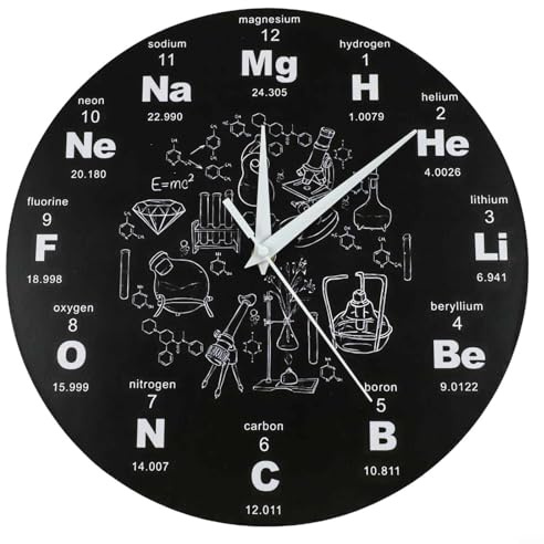 Runde Wanduhr modernes Design, Wanduhr mit Kreativem Periodensystem, Dekoration für Schule und Büro, 30 cm (12 Zoll), Acryl, Schwarze Farbe(A)