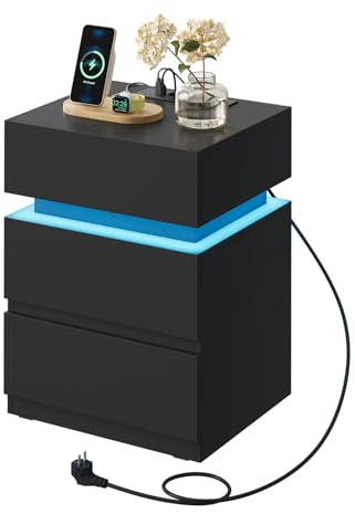 WOLTU Nachttisch mit Steckdose, Nachtschrank mit LED-Beleuchtung, Schwarz, 2 Schubladen und 1 Ablagefach, 40 x 35 x 55 cm, geeignet für Schlafzimmer, Wohnzimmer oder Büro, moderner Stil, NTS23sz