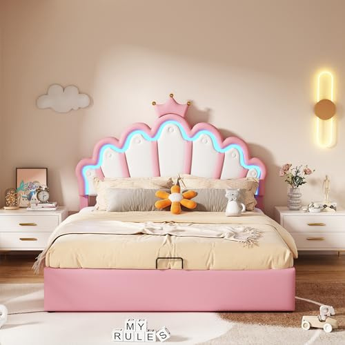 Merax Kinderbett 140x200 cm Prinzessin Bett - Polsterbett für Mädchen, Kronen-Doppelbett mit Hydraulischer Stauraum, LED-Streifen, aus PU-Leder Bettrahmen mit Lattenrost(ohne Matratze), Rosa