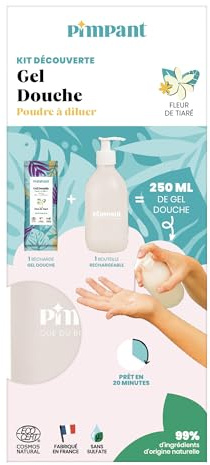 PIMPANT gel douche rechargeable fleur de tiaré – poudre à diluer avec bouteille pompe en verre – gel douche naturel sans sulfate – 99% ingrédients d’origine naturelle – fabriqué en France – 250 ml