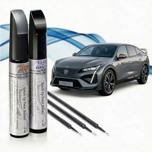 Reparador de Arañazos para Coche, Lápiz de Retoque para Automóvil, Bolígrafo Reparaarañazos, Rotulador de Reparación, 2 Piezas de Pintura de Retoque Peugeot con Base + Laca. (EVL GRIS PLATINIUM)