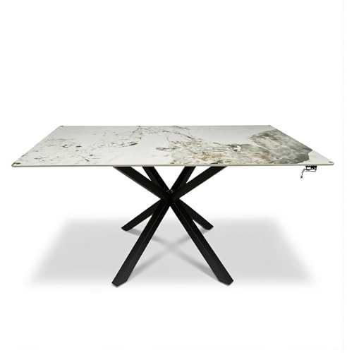 Cybert Tavolo da Pranzo in Ceramica Gres Porcellanato 150x90 cm – Piano Lucido Antigraffio Antimacchia – Gambe Incrociate Ferro Verniciato Nero – Finitura Pandora o Calacatta Bianco Marmo (Pandora)