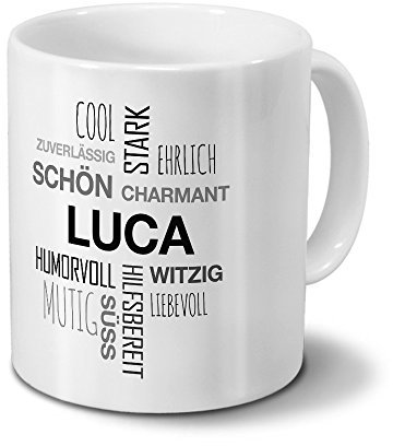 printplanet Tasse mit Namen Luca Positive Eigenschaften Tagcloud - Schwarz - Namenstasse, Kaffeebecher, Mug, Becher, Kaffeetasse