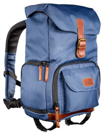 Mantona Luis junior Retro Fotorucksack blau mit Leder, Kamerarucksack inkl. Regenschutzhülle, Fototasche mit Laptopfach, Backpack geeignet für 1 x DSLR-Kamera, 1-2 Objektive und diverses Fotozubehör