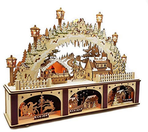 Wichtelstube-Kollektion XL Holzkunst LED Schwibbogen mit Podest Weihnachtsdorf Schwippbogen Lichterbogen Echtholz, Batteriebetrieben mit Timer, Weihnachtsdeko Fensterbank, 45cm Breite