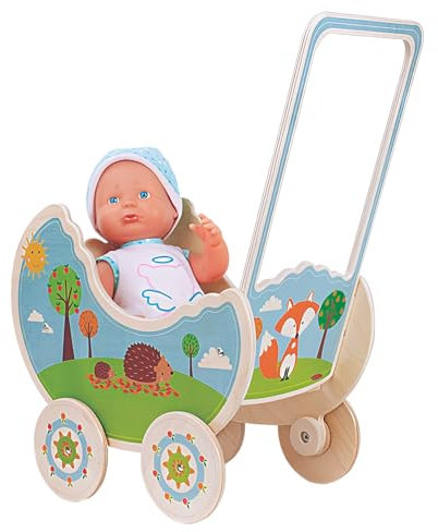 Dida - Puppenwagen aus Holz, Der Wald, Spielzeugwagen für Puppen bis 35 cm, Ideal für Rollenspiele, Kinder von 2-4 Jahren