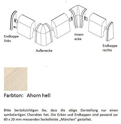 Endkappen und Ecken für MDF-Sockelleisten 60x20 mm - Ahorn hell