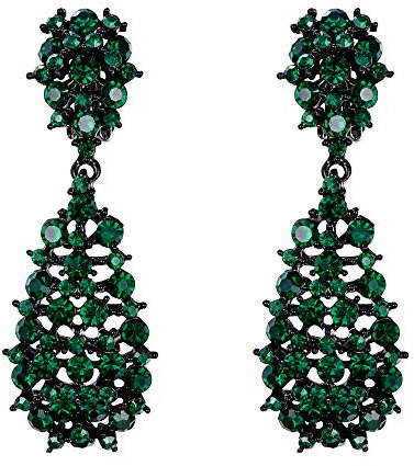 EVER FAITH Ohrclips Damen Kristall aushöhlen Teardrop Träne baumeln Party Zubehör Ohrringe Grün Schwarz-Ton