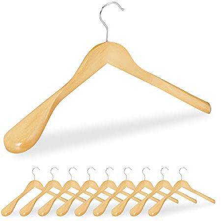 Relaxdays 10 x Anzug Kleiderbügel im Set, breite Schulter, 360° drehbarer Haken, Kostüm, Jacken, Holzkleiderbügel, Natur