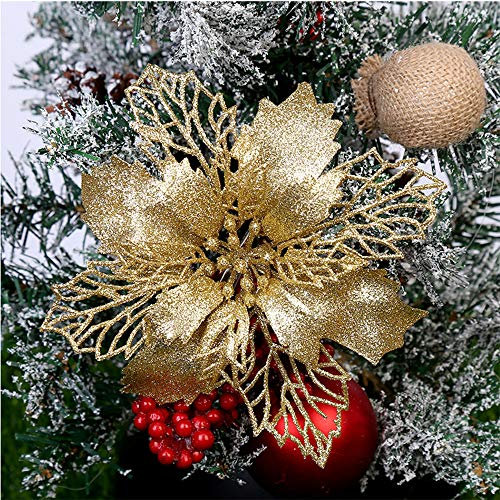 Queta 12 Stück Christmas Glitter Poinsettia Weihnachtsbaum Ornament Weihnachtsblumen künstliche Blumen Christbaumschmuck Weihnachten Hochzeit Kränze Dekoration 16cm (Gold)