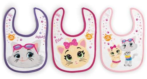 LULABI 44 GATTI GIRL Juego de 3 baberos para bebé, 100% hechos de algodón suave con estampado de 44 gatos, paquete de baberos, velcro, hipoalergénicos, reutilizables, unisex, 19 x 17 cm, Multicolor