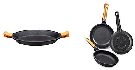 BRA Paellera, Negro, 40 cm + Efficient Orange Set de 3 sartenes, Aluminio Fundido, aptas para Todo Tipo de cocinas, 20-24-28 cm