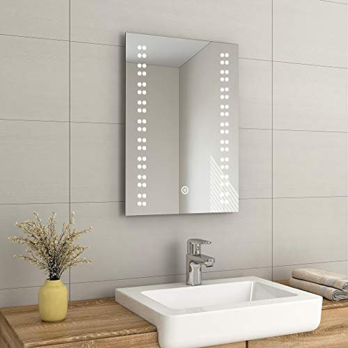 EMKE 500 x 700mm Illuminated LED Bathroom Mirror with Safety Shaver Socket, Bathroom Led Mirror with Touch Switch, Demister and Brightness Adjustment, Smart Wall Mounted Mirror for Bathroom