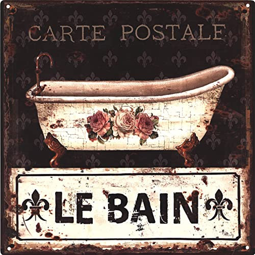 Blechschild Le Bain Badewanne 30 x 30 cm Geschenk-Idee aus Metall Vintage-Design zur Dekoration