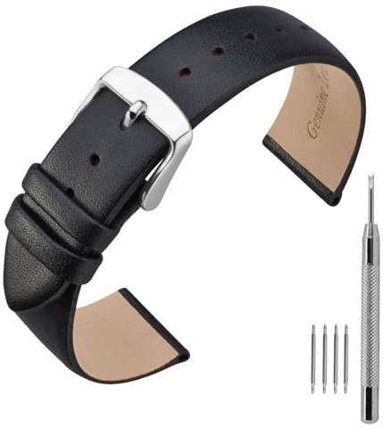 ANNEFIT Leder Uhrenarmband, Armband 18mm mit Silber Schnalle, Kompatibel mit Intelligenten und Traditionellen Uhren (Schwarz)