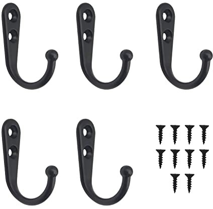 ALLY-MAGIC Coat Hooks, 5 Pcs Single Prong Robe Hooks with 10 Screws Wall Mounted Clothes Hooks Metal Robe Hooks for Kitchen Bathroom Y6-BGYG (Black)