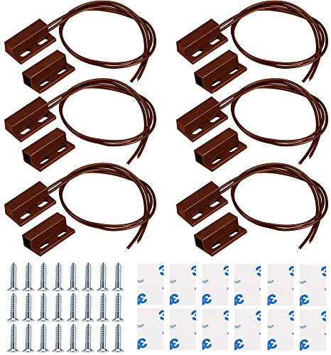 GUUZI 6pcs Marrone Cablato Interruttore Magnetico Montato in Superficie Sensore di Contatto Porta Finestra Allarme Interruttore Reed(Interruttore Vicino al Magnete,Collega il Circuito)