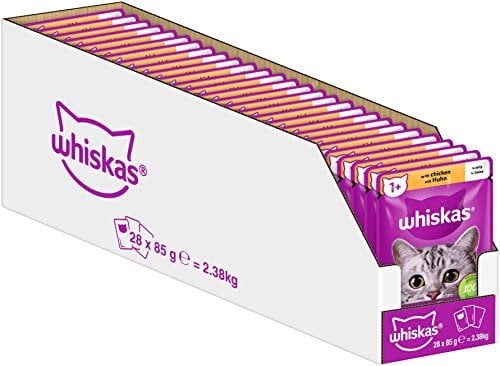 Whiskas 1+ Katzenfutter Hühnchen in Gelee, 28x85g (1 Packung) – Hochwertiges Nassfutter für ausgewachsene Katzen in 28 Portionsbeuteln