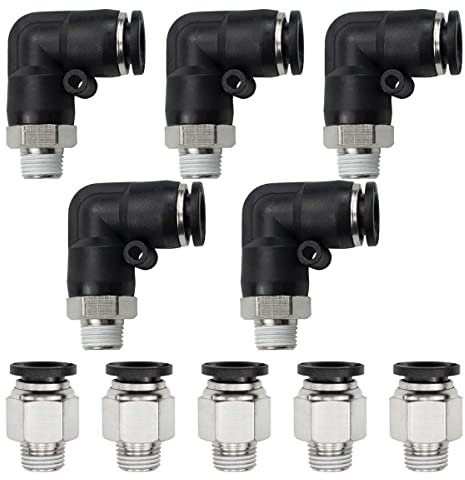 Bwintech 10 piezas de tubo de 6 mm a rosca macho BSP de 1/8 recto y codo de 90 grados Push in Connect Racor neumático,PL6-01/PC6-01 Adaptador rápido para línea de aire