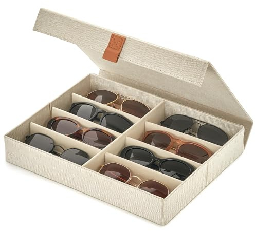 ZICOTO Beautiful Sunglass Storage Organizer For 8 Pairs - A Stylish Linen Case Protects and Displays All Your Glasses - The Perfect Storage Organizer To Hold Multiple Glasses Safe and Dust Free
