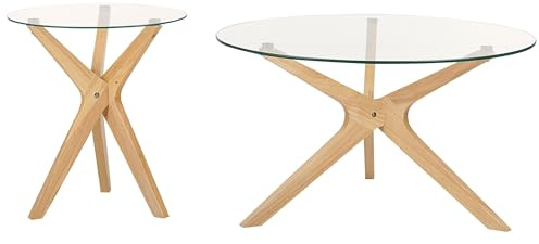 Beliani Couchtisch 2er Set Glas trasparent mit Holzbeinen Hellbraun rund modern Valley